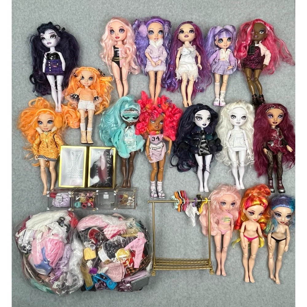 Rainbow High Lot of 16 Dolls With Lots of Accessories Clothing Rack Good